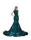 preiswerte GRÜN-Mermaid  Trompeten Abendkleid Elegantes Kleid Abendparty Prom Hofschleppe Kurzarm Rundhalsausschnitt Pailletten mit Paillettenapplikationen