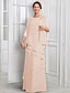 abordables Con chaqueta-Vestido formal madre de la novia de dos piezas azul A-Line elegante con brillo y cuello joya largo hasta el suelo de gasa con mangas de medio largo botones y apliques de flores
