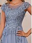 preiswerte Bodenlänge-A-Linie Brautmutterkleid elegant luxuriös Bootsausschnitt bodenlang Chiffon Spitze Kurzarm mit geschichteten Rüschen