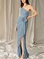 billiga Golvlängd-A-linje Brudmodersklänning Bröllopsgäst Elegant Hög Slits En Axels Golvlängd Stretch Chiffon Ärmlös med Volanger Slits Fram Rynkning