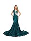 preiswerte GRÜN-Mermaid  Trompeten Abendkleid Elegantes Kleid Abendparty Prom Hofschleppe Kurzarm Rundhalsausschnitt Pailletten mit Paillettenapplikationen