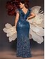 abordables Champán-Vestidos Sirena  Trompeta Talla Grande Vestido Elegante Curvas Formal Boda Longitud de Piso Sin Mangas Cuello en V Con Lentejuelas