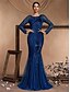 voordelige BLAUW-Zeemeermin  Trompet Quinceañera Jurken Elegante Jurk Formele Bruiloft Vloerlengte Lange Mouw Crew Neck Polyester met Pailletten