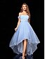 billige BLÅ-A-Line Quinceanera Kjoler Elegant Kjole Formell Bryllup Asymmetrisk Ermeløs Off Shoulder Tyll Bakløs med Plisseringer