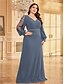 voordelige BLAUW-A-Lijn Plus Size Jurken Elegante Curve Jurk Formele Bruiloft Vloerlengte Lange Mouw V Hals Chiffon Met Pailletten