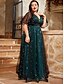economico VERDE-Abito da Sera A-Line Elegante Abito Formale Matrimonio Lunghezza Completa Maniche Corte V Collo Tulle con Pieghe