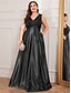 economico NERO-Abiti A-Line Taglie Forti Elegante Abito Curvy Formale Matrimonio Lunghezza P_avimento Senza Maniche Scollo a V Satin Scollo a V con Pieghe
