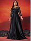 tanie czarny-Sukienki w Kształcie A Plus Size Elegancka Sukienka w Kształcie Krzywej Sukienka Formalna Gość na Wesele Długość do Ziemi Długi Rękaw Dekolt zaokrąglony Satynowa z Haftem
