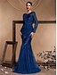 voordelige BLAUW-Zeemeermin  Trompet Quinceañera Jurken Elegante Jurk Formele Bruiloft Vloerlengte Lange Mouw Crew Neck Polyester met Pailletten