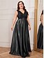 economico NERO-Abiti A-Line Taglie Forti Elegante Abito Curvy Formale Matrimonio Lunghezza P_avimento Senza Maniche Scollo a V Satin Scollo a V con Pieghe