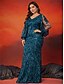 baratos AZUL-Vestidos de Sereia  Trompete Plus Size Vestido Curvas Elegante Casamento Formal Comprimento do Chão Manga Longa Decote em V Lantejoulas com Lantejoulas