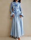 baratos AZUL-Vestido de Festa A-Line com Renda Azul Vestido Elegante Formal Casamento Comprimento do Chão Manga Longa Decote Redondo Material Stretch