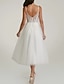 abordables Petits robes blanches-Robe blanche pour les fiançailles robes de mariée A-Line décolleté en V bretelles spaghetti longueur de thé satin robes de mariée avec plis appliqués