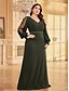 voordelige BLAUW-A-Lijn Plus Size Jurken Elegante Curve Jurk Formele Bruiloft Vloerlengte Lange Mouw V Hals Chiffon Met Pailletten