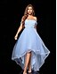 billige BLÅ-A-Line Quinceanera Kjoler Elegant Kjole Formell Bryllup Asymmetrisk Ermeløs Off Shoulder Tyll Bakløs med Plisseringer