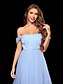 billige BLÅ-A-Line Quinceanera Kjoler Elegant Kjole Formell Bryllup Asymmetrisk Ermeløs Off Shoulder Tyll Bakløs med Plisseringer