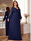 voordelige BLAUW-A-Lijn Plus Size Jurken Elegante Curve Jurk Formele Bruiloft Vloerlengte Lange Mouw V Hals Chiffon Met Pailletten
