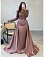 tanie różowy-Suknia wieczorowa syrenka  trąbka Elegancka sukienka karnawałowa formalna do ziemi długi rękaw z iluzją odpinana satynowa z perełkowymi halkami
