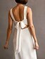 abordables Petits robes blanches-Robe blanche de fiançailles Robes de mariage en forme A col en V sans manches longueur thé tissu extensible Robes de mariée avec nœud(s) fente devant