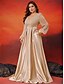 billige Champagne-A-Line Plus Size Kjoler Elegant Curve Kjole Formelt Bryllup Gulvlængde Lange Ærmer V Hals Satin med Plisseringer