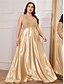 economico NERO-Abiti A-Line Taglie Forti Elegante Abito Curvy Formale Matrimonio Lunghezza P_avimento Senza Maniche Scollo a V Satin Scollo a V con Pieghe