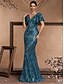 halpa Virallinen / Musta solmio-Merihevosilta/trumpetti Quinceanera-mekot elegantti mekko muodollinen häät lattiapituinen lyhyet hihat V-pääntie polyesteri V-taakse paljeteilla