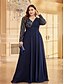 voordelige BLAUW-A-Lijn Plus Size Jurken Elegante Curvy Jurk Formele Bruiloft Vloerlengte Lange Mouw V-Hals Chiffon met Sequin