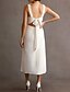 abordables Petits robes blanches-Robe blanche de fiançailles Robes de mariage en forme A col en V sans manches longueur thé tissu extensible Robes de mariée avec nœud(s) fente devant