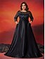 tanie czarny-Sukienki w Kształcie A Plus Size Elegancka Sukienka w Kształcie Krzywej Sukienka Formalna Gość na Wesele Długość do Ziemi Długi Rękaw Dekolt zaokrąglony Satynowa z Haftem