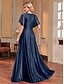 billiga BLÅ-A-Linje Quinceanera Klänningar Elegant Klänning Formell Bröllop Golvlängd Kortsleeve V-Hals Chiffon med Plisseringar
