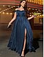 billiga BLÅ-A-linjeformade Quinceañera Klänningar Elegant Klänning Formell Bröllop Golvlängd Ärmlös Off Shoulder Polyester med Slits