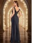 baratos Semi-formal / Cocktail-Vestidos de Quinceanera Sereia  Trombeta Vestido Elegante Formal Casamento Comprimento do Chão Sem Mangas Decote V Poliéster Costas em V com Strass
