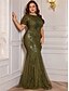abordables VERT-Robes taille plus élégantes sirène  trompette robe courbée formelle pour mariage longueur sol manches courtes col rond polyester avec sequins