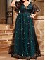 economico VERDE-Abito da Sera A-Line Elegante Abito Formale Matrimonio Lunghezza Completa Maniche Corte V Collo Tulle con Pieghe