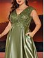 billige Semi-formell / Cocktail-A-Linje Plus Size Kjoler Elegant Kurve Kjole Formal Bryllup Gulvlengde Korte Ermer V Hals Sateng Uten Rygg med Feller