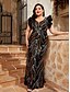 preiswerte SCHWARZ-Meerjungfrau  Trompeten Abendkleid Elegantes Kleid Formal Hochzeit Bodenlang Kurzarm V-Ausschnitt Pailletten V-Rücken mit Pailletten