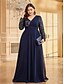voordelige BLAUW-A-Lijn Plus Size Jurken Elegante Curvy Jurk Formele Bruiloft Vloerlengte Lange Mouw V-Hals Chiffon met Sequin