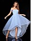 billige BLÅ-A-Line Quinceanera Kjoler Elegant Kjole Formell Bryllup Asymmetrisk Ermeløs Off Shoulder Tyll Bakløs med Plisseringer