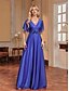 billiga BLÅ-A-Linje Quinceanera Klänningar Elegant Klänning Formell Bröllop Golvlängd Kortsleeve V-Hals Chiffon med Plisseringar