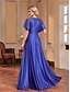 billiga BLÅ-A-Linje Quinceanera Klänningar Elegant Klänning Formell Bröllop Golvlängd Kortsleeve V-Hals Chiffon med Plisseringar