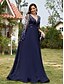 economico BLU-Abito Quinceanera A-Line Abito Elegante Abito Matrimonio Lunghezza Pavimento Manica Mezza Scollo a V Poliestere con Fessura