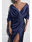 billige Kjole med skjæring-Sjøhest  Trumpet Mor til bruden Kjole Elegant Enkel Minimalistisk V Utringning Portrettkrage Gulvlengde Stretch Satin Halv Erme med Rynkede Detaljer og Slitt