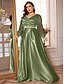ieftine verde-Rochii Plus Size A-Line Elegantă Rochie de Curbe Formală Nuntă Lungime Pământ Mâneci Lungi Gât în V Poliester cu Pliseuri