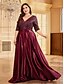 tanie czerwony-Suknie A-Liniowe Plus Size Elegancka Suknia Krągła Formalny Ślub Długość Do Podłogi Pół Rękawa V Dekolt Poliester z Plisami