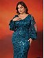 baratos AZUL-Vestidos de Sereia  Trompete Plus Size Vestido Curvas Elegante Casamento Formal Comprimento do Chão Manga Longa Decote em V Lantejoulas com Lantejoulas