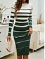 billige Sweater kjoler-Dame Midikjole Sweater Kjole Kappe Kjole Afslappet Afslappet Regulær Stribe Langærmet Rund hals Sort Hvid Grøn Kakifarvet Efterår Vinter
