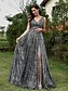 levne černý-Šaty Quinceanera A-Line Elegantní šaty formální svatba podlaha délky bez rukávů V-výstřih s flitry a V-zadní stranou s flitry