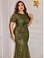 abordables VERT-Robes taille plus élégantes sirène  trompette robe courbée formelle pour mariage longueur sol manches courtes col rond polyester avec sequins