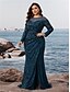 billiga BLÅ-Havfrue  Trumpet Plus Size Klänningar Elegant Kurv Klänning Formell Bröllop Golvlängd Lång Ärmar Rundad Hals Polyester med Slits