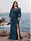 billiga BLÅ-Havfrue  Trumpet Plus Size Klänningar Elegant Kurv Klänning Formell Bröllop Golvlängd Lång Ärmar Rundad Hals Polyester med Slits